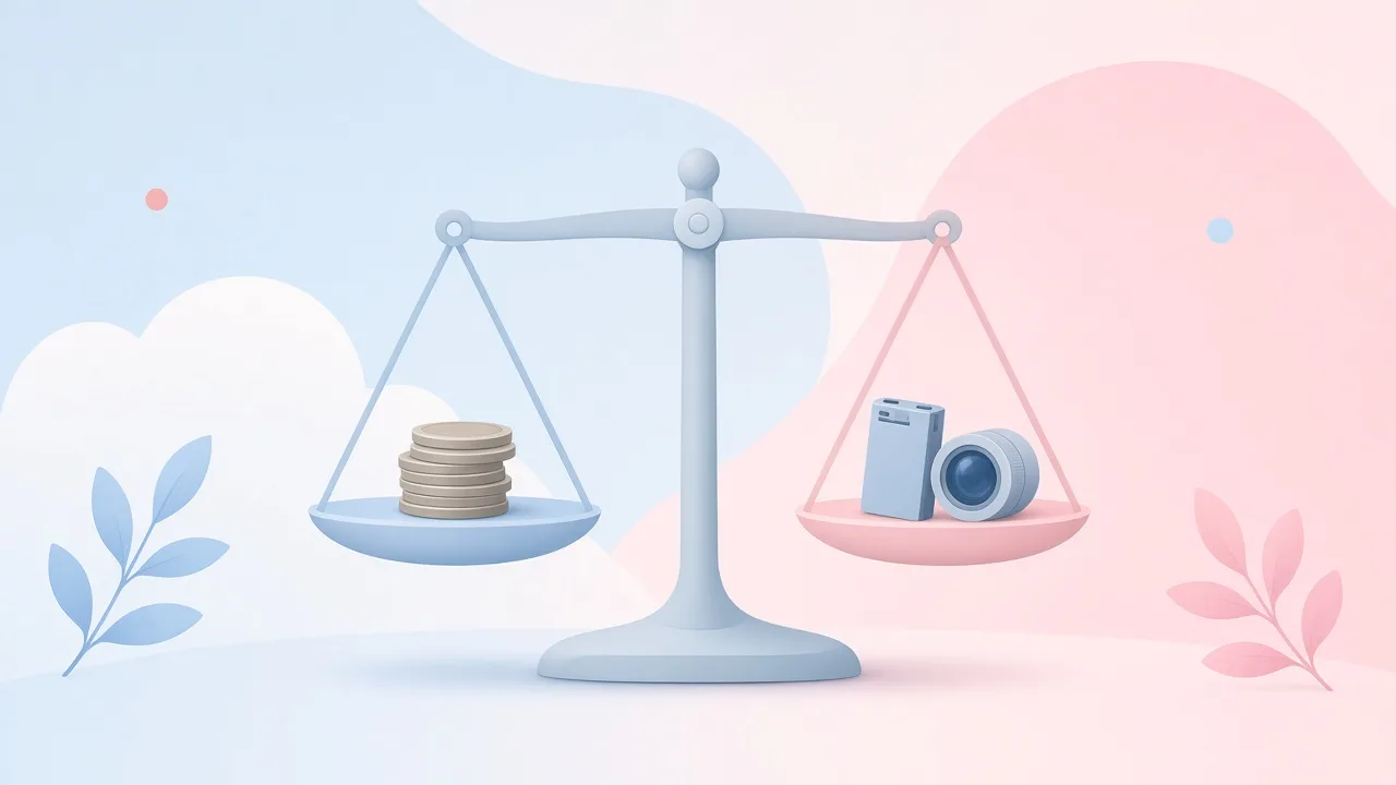 저울 한쪽에 동전, 다른 쪽에 예비 배터리와 렌즈가 놓인 일러스트