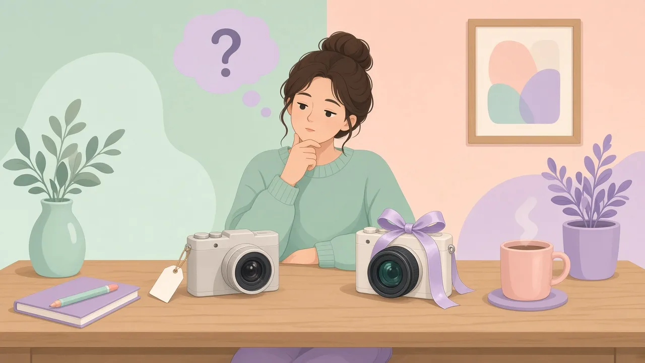 새 카메라와 가격표 붙은 카메라를 비교하며 고민하는 사람 일러스트