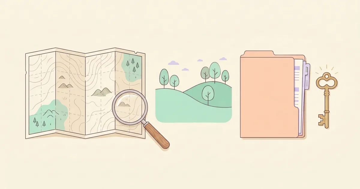 조상땅찾기를 상징하는 옛 지도와 돋보기, 언덕, 서류철과 열쇠 일러스트