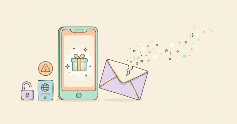 기프티콘 쿠폰이 열린 스마트폰과 여권, 경고 표시로 표현한 개인정보 유출 일러스트